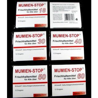 Mumien - Stop "Frischhaltemittel für Alle über...18,30,40,50,60"  12 Kaugummis quacksalberei Quatschmanufaktur