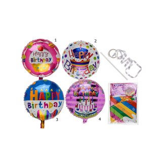 Folienballon - Ø 45cm - Happy Birthday 4-fach sortiert rund ungefüllt