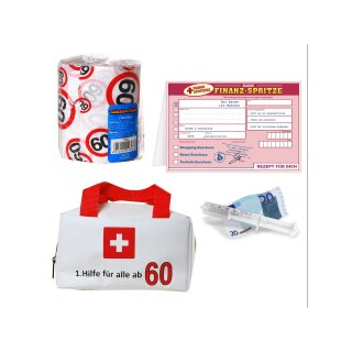 Geschenkset 60. Geburtstag 1. Hilfe Tasche, Finanzspritze mit Glückwunschkarte und Toilettenpapier
