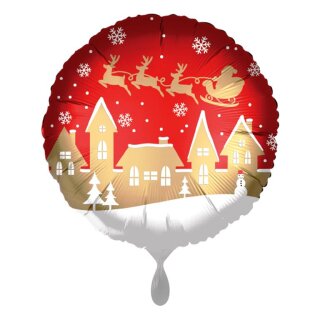 Folienballon - Ø 45cm - Weihnachtsmann Schlitten Satin Santa Village ungefüllt