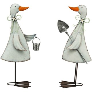Deko Figur Ente mit Schaufel oder Eimer Teal creme Metall 20,5 x 10 x 7 cm frei stehend