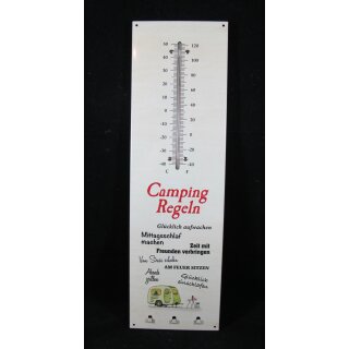 Kult Thermometer mit Schlüsselhalter Metall "Camping Regeln" 40 x 12 cm