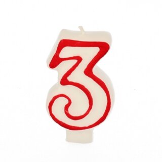 Zahlenkerze 7,3 cm weiss "3" mit rotem Rand Geburtstagskerze