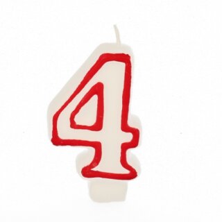 Zahlenkerze 7,3 cm weiss "4" mit rotem Rand Geburtstagskerze