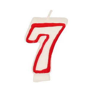 Zahlenkerze 7,3 cm weiss "7" mit rotem Rand Geburtstagskerze