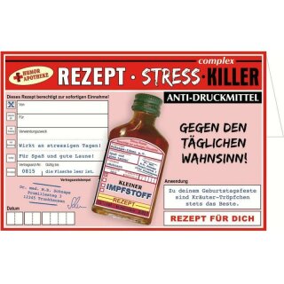 Gl&uuml;ckwunschkarte Rezept Stress-Killer mit Kr&auml;uterlik&ouml;r Geldgeschenk Gag Geburtstag