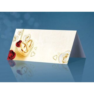 25 Tischkarten creme mit Ringen, Herzen und Rosen Hochzeit Geburtstag Platzkarten