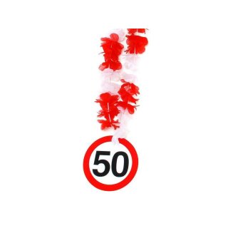 Hawaii-Kette "50" rot/weiß Geburtstag Jahreszahl Verkehrsschild