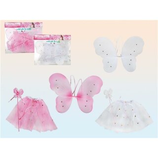 Kinder-Feen-Kostüm mit Flügeln, Feenstab & Tüllrock rosa weiß Fasching Karneval