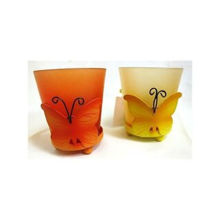 Teelichthalter Schmetterling gelb orange Metall Glas Deko Kerzenhalter Windlicht