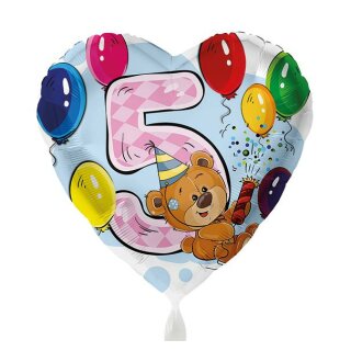 Folienballon - Ø 45cm - Bär 5. Geburtstag Herz ungefüllt