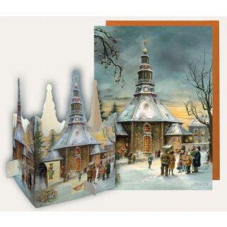Tisch-Adventskalender Seiffener Kirche mit Postkarte Bilder Brück & Sohn Meissen Weihnachten