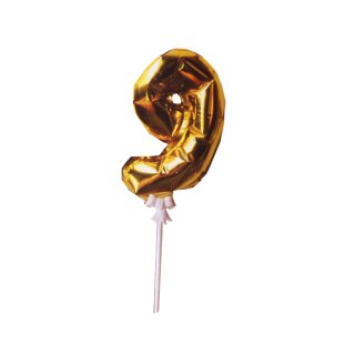 Mini Folienballon Zahl &quot;9&quot; gold selbstaufblasend ca. 15 cm mit Halter Deko 