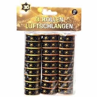 3er Pack Luftschlangen "30" schwarz/gold Geburtstag Dekoration