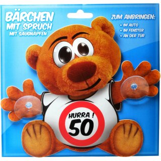 Autoschild Bär  mit Spruch und Saugnäpfen "Hurra 50"