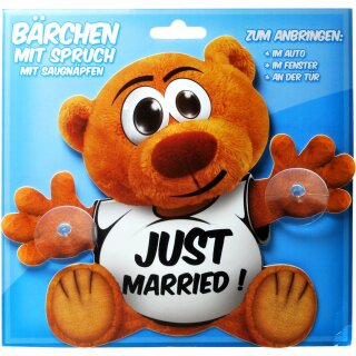 Autoschild Bär  mit Spruch und Saugnäpfen  "Just Married"