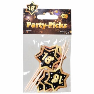 12 Party Picker schwarz / gold "18"  Picks Geburtstag Spieße Fingerfood Party Feier