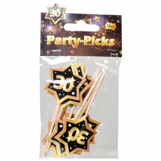 12 Party Picker schwarz / gold "30"  Picks Geburtstag Spieße Fingerfood Party Feier