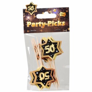 12 Party Picker schwarz / gold &quot;50&quot;  Picks Geburtstag Spie&szlig;e Fingerfood Party Feier