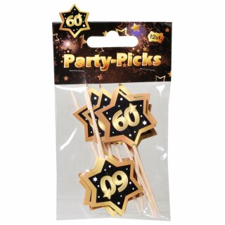12 Party Picker schwarz / gold "60"  Picks Geburtstag Spieße Fingerfood Party Feier